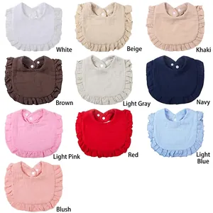 Baby cotton gauze ruffle bibs in ten assorted colors with snap button closures