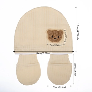 Organic cotton newborn bear hat and glove set with size measurements on white background