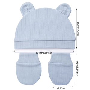 Conjunto de gorro de algodón orgánico con orejas de oso y manoplas de punto acanalado azul