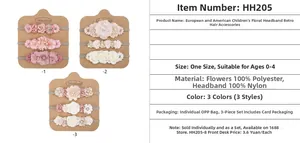 Detail showing polyester flower and elastic nylon headbands for babies in 3 styles