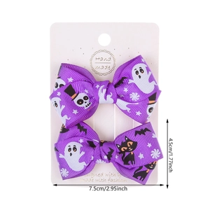 Ensemble de deux barrettes d'Halloween avec motifs fantômes et crânes sur ruban violet
