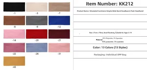 Detailed chart of elastic knit headbands with 13 colors and material specifications