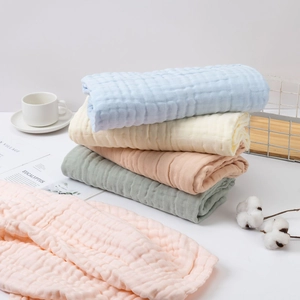 Detail of multi-layer cotton gauze bath towel with soft bubble texture and pastel colors