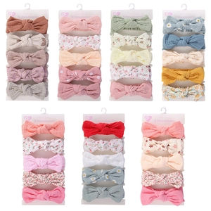 Detailed set of 5 baby cotton floral bow headbands with waffle texture fabrics