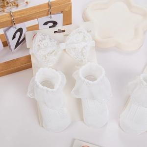 Baby Mädchen Spitze Stirnband Und Socken Set Weiß Blume Schleife Stirnband Weiche Baumwolle Socken Für Neugeborene Fotografie
