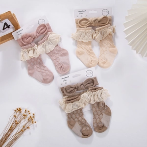 Baby Girls Headband And Socks Set Vintage Cotton Lace Bow Infant Newborn Breathable Hollow Knit Socks Hair Accessories Gift