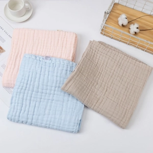 Three-pack soft bamboo cotton bubble gauze baby towels in pink, blue and khaki colors