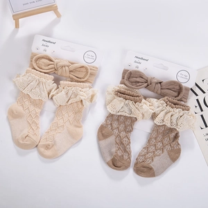 Baby cotton lace socks and headband set in beige and taupe for infants aged 0-12 months