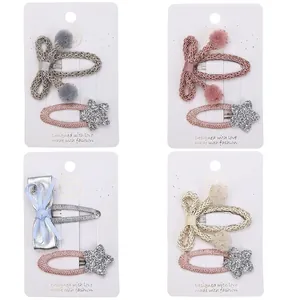 Lot de barrettes pour enfants avec nœud tissé, pompon et étoile à paillettes