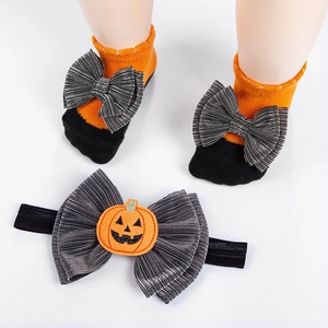 Σετ κορδέλα και κάλτσες Halloween για μωρά με πορτοκαλί ριγέ φιόγκους και κολοκύθα