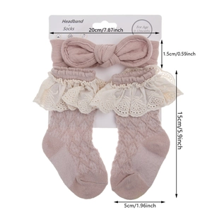 Infant cotton waffle socks and bow headband set with lace trim in dusty rose color