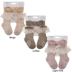 3-pack infant cotton waffle socks and lace bow headband set for babies 0-12 months