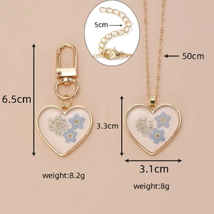 Blue dried forget-me-not flower heart pendant necklace and keychain set with size specs