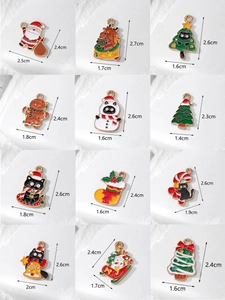 Detailed grid of 12 Christmas alloy charms with dimensions and cute cartoon designs