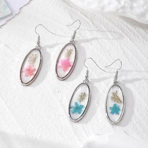 Boucles d'Oreilles Pendantes Ovales en Fleurs Séchées Faites à la Main pour Femmes en Résine Crochet en Alliage d'Argent Bijoux Floraux