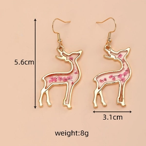 Detailed size specifications for deer-shaped resin earrings with pink dried flowers