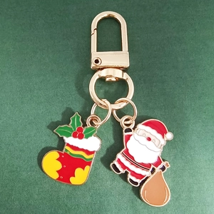 Detailed close-up of a Santa Claus and Christmas stocking alloy keychain charm