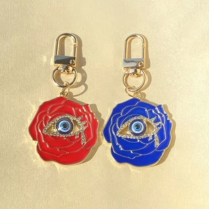 French vintage rose flower devil eye keychain with sparkling rhinestones and gold alloy hook