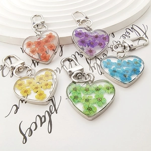 Heart-shaped keychains with real dried flowers in assorted colors and silver hardware