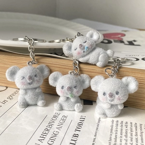 Cute Flocked Koala Keychain Bag Pendant Grey Resin Metal Keyring For Women Kids Gift Soft Animal Backpack Ornament Decor