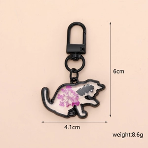Detailed size chart of cat shaped keychain with dried flowers, 6cm height and 8.6g weight