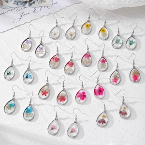 Handmade Natural Dried Flower Resin Earrings Alloy Water Drop Transparent Forest Style Dangle Hook Earrings For Women