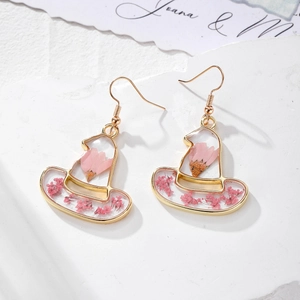 Orecchini pendenti con fiori secchi rosa in resina a forma di cappello da mago