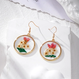 Elegant round resin earrings with real dried flowers in gold frame for women