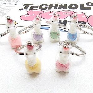 Cute Cartoon 3D Alpaca Keychain Flocked Resin Animal Pendant Metal Key Ring For Bag Decor Women Kids Accessories