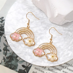 Rainbow and cloud drop earrings with white dried flowers in golden metal frame