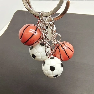 Mini resin 3D basketball and football pendant keychain set with shiny metal chain