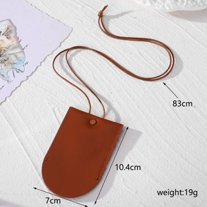 Brown faux leather key pouch with long lanyard showing exact size 7x10.4cm and weight 19g