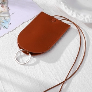 Deep brown faux leather lanyard key pouch with stitching details and silver metal ring