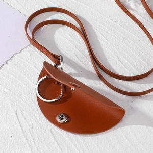 Brown faux leather long lanyard key pouch with lychee texture and silver ring
