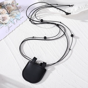 Chic black leather neck-hanging pouch necklace with beaded strap and vase shape
