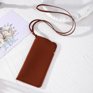 Brown faux leather glasses pouch with neck strap and elegant stitching on white background