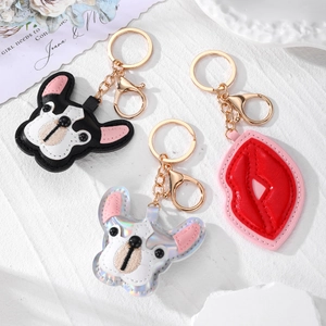 Cartoon PU Leather French Bulldog Red Lips Keychain Pendant Gold Tone Metal Key Ring Bag Hanging Ornament For Women Gift