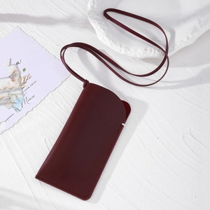 Chic burgundy faux leather glasses neck pouch with stitching and a slim strap