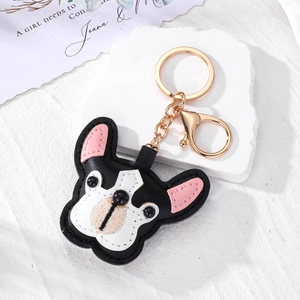 Chic black and white leather bulldog keychain with gold lobster clasp and ring