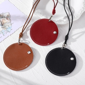 Retro Round Leather Neck Pouch Necklace Earphone Case Sunglass Clip With Contrast Stitching Travel Portable Hanging Bag