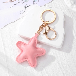 Detailed shot of a pink star leather keychain with gold lobster clasp on white decor