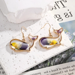 Creative whale shaped earrings with purple dried flowers in gold metal frames