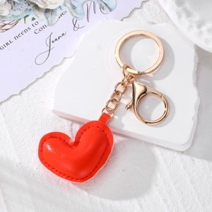 3D red heart leather keychain with gold lobster clasp and ring for handbag charm