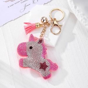 Porte-clés licorne en strass rose avec pompon et clochette dorée, bijou de sac chic