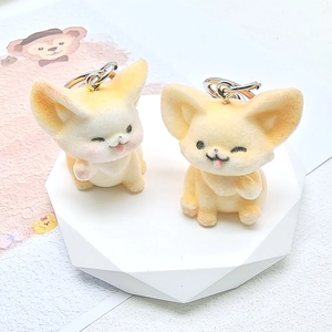 Cartoon Animal Flocking Keychain Pendant Cute Fox Dog Pig Rabbit Resin Key Ring Hanging Bag Accessory Women Jewelry Gift