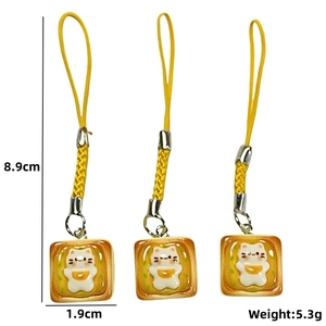 Detailed view of resin cat toast charms with dimensions showing 8.9cm height and 1.9cm width