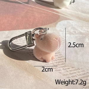 Close-up of a pink capybara flocked keychain showing soft texture and compact 2.5cm size