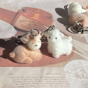 Detailed view of flocked animal keychains with soft texture and metal clasps