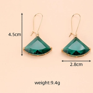 Deep green faceted crystal geometric drop earrings with gold metal frame and dimensions