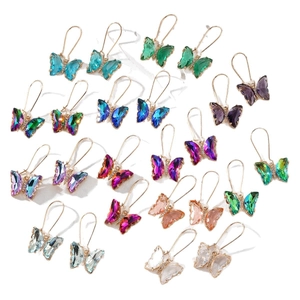Colorful butterfly crystal hook earrings in vibrant gradient shades with gold plating